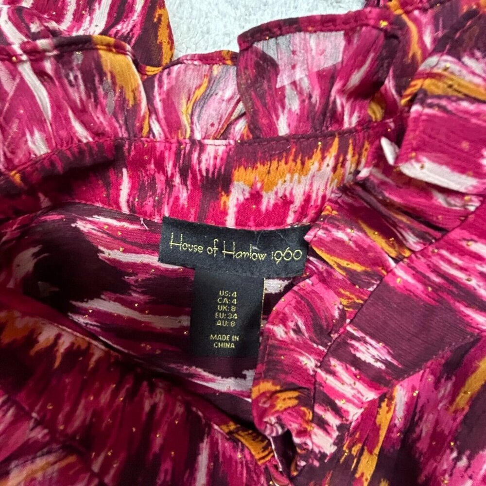 House of Harlow 1960 Mockneck Tiered Ruffle Mini Dress 4 Red Printed Lightweight - Picture 3 of 9
